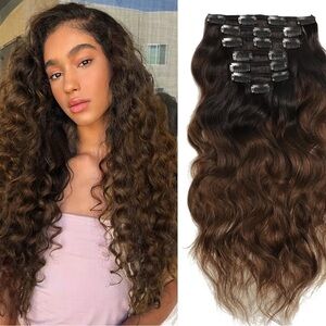 16” Brown to Copper Ombre Wavy Clip-In Hair Extensions 100% Human Hair 7 pcs